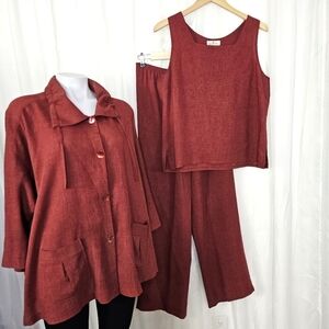 Emmelle brick red/brown 3-piece set tank jacket pants linen-like size L/XXL
